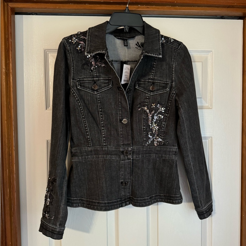 White House Black Market. Black Denim Jacket. Size 4. Embellished peplum. NWT